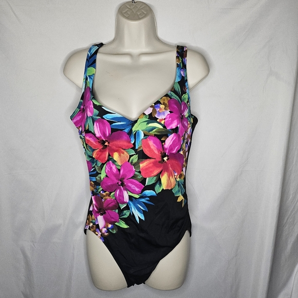 Womens Miraclesuit 68052 Black Floral One Piece Swimsuit Bathing Suit Size 14 - Picture 1 of 7